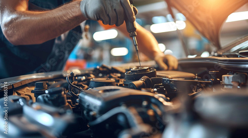 A mechanic repairing a car in an auto repair shop, diagnosing issues and performing maintenance tasks.
