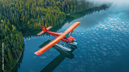 A seaplane or dragonfly plane is flying over the mountains
