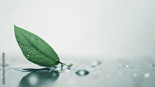 leaves with clear water drops drips from the stem on white clear background 