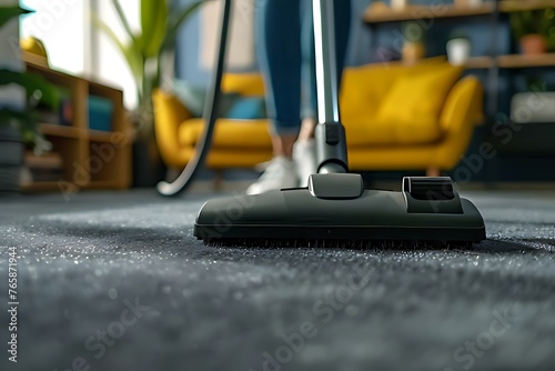 person cleaning carpet with vaccum cleaner