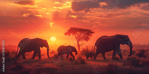  Stunning safari scene at sunset with elephants giraffes and under a fiery sky Majestic Safari Sunset Elephants and Giraffes Silhouetted.