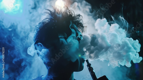A person exhales smoke or vapor, illuminated by a blue light, creating an otherworldly atmosphere. Smoking vaping, hookah. Ethereal Exhalation.