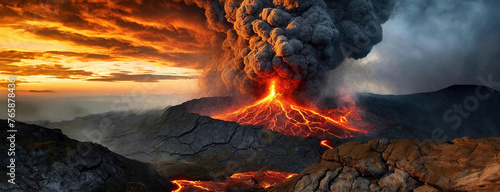 Dramatic eruption of a volcano with ash and lava flow. Panorama with copy space.