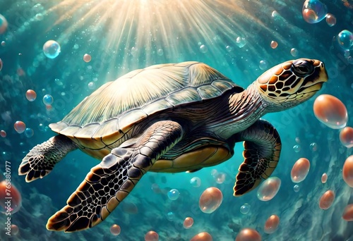 A majestic turtle gracefully swimming through a shimmering bubble-filled underwater world