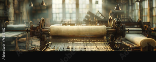 Spinning Jenny, machine, revolution in textile manufacturing, busy factory floor during the Industrial Revolution, realistic, Rembrandt lighting, depth of field bokeh effect