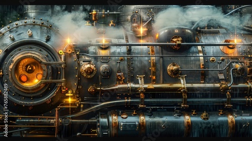 A detailed image of a classic, steam locomotive engine, its metal surfaces and components highlighted by the lighting