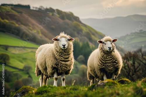 Welsh mountain sheep standing on the hills above Llangollen, North Wales, late on a warm spring evening