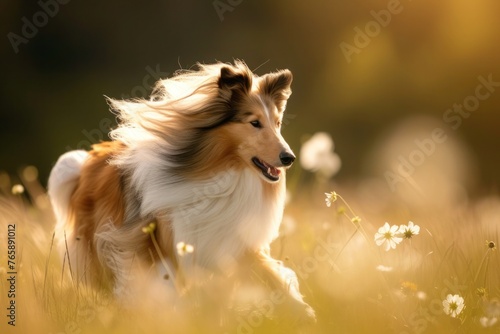 A graceful Shetland Sheepdog trotting through a flower-filled meadow, its long, flowing mane catching the sunlight as it moves,