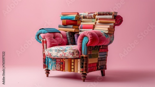 Un trono de conocimiento y narrativa, esta silla ofrece un refugio caprichoso, sus cojines y estructura adornados con los lomos coloridos de innumerables historias.