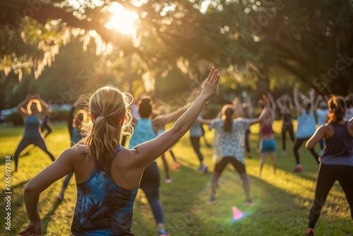 A diverse group of people engaging in a yoga session in a sunny park filled with greenery