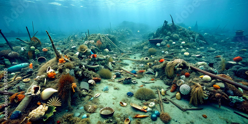 A photo of an underwater plastic trash and garbage disposal, there is hardly any life left like corals and fish, this underwater world is as good as dead