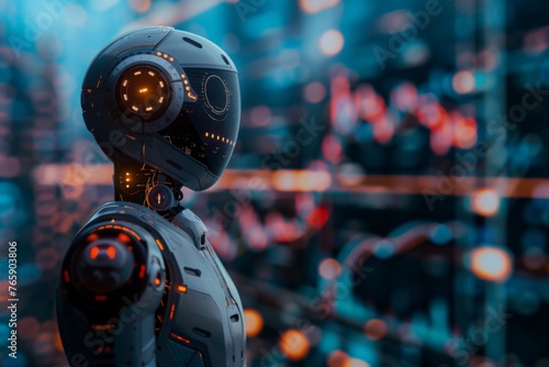 Robot standing in front of an ai-generated trading chart, symbolizing the integration and use of artificial intelligence for stock market analysis in the style of vray, generated, generated with AI