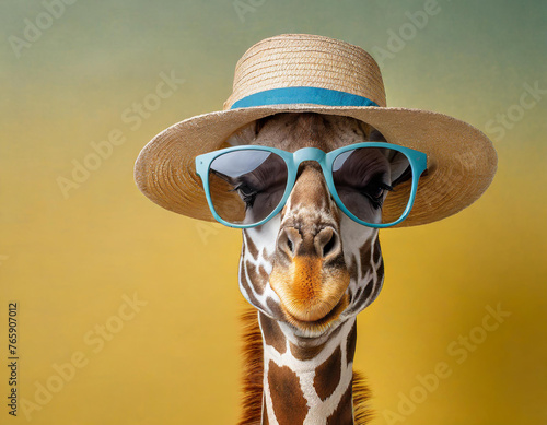 a silly giraffe with sunglasses and a hat, ready for the summer, on a monochrome yellow background
