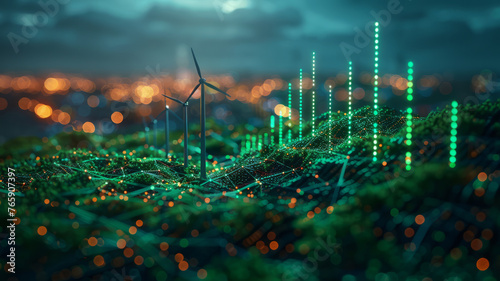 Stock market graphs and economic data visualized with icons of solar panels and wind turbines, uprising green stockmarket graph, green symbols,generative ai