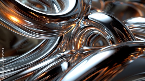 Abstract reflective metallic waves. 3D rendering of liquid metal with a smooth surface. Modern digital art concept for design and print.