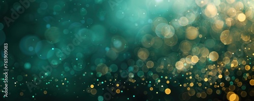 Abstract bokeh background. Gold and green bokeh on defocused emerald green background