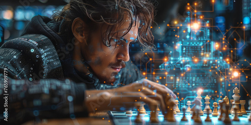 a man playing a chess match with a large, transparent, futuristic, and complex AI machine behind his back,generative ai