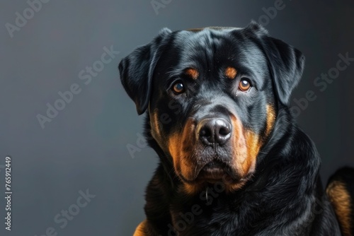 A stoic Rottweiler posing for the camera, with a blank area on the bottom left corner, perfect for adding text.
