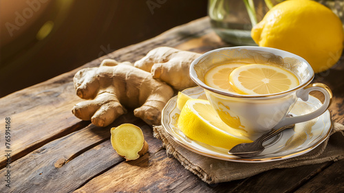 Ginger and lemon tea. Served in an antique bone china porcelain cup. Surrounded by slices of raw ginger and fresh lemon. Warm soft light accentuates the feeling of comfort.