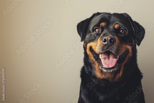 A Rottweiler with an endearing smile, positioned centrally against a neutral backdrop, allowing for text placement on the right side.