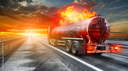 Fire of a tanker truck with toxic materials on the highway. Fire and environmental disaster.generative ai