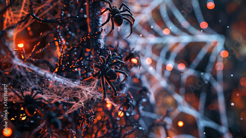 Close-up of Halloween Decorations: Spiders and Webs