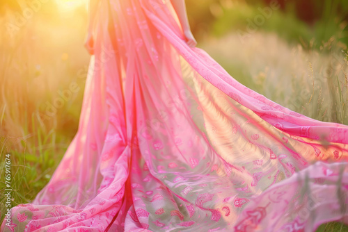 Flowing pink maxi dress made from batik fabric. Generative AI