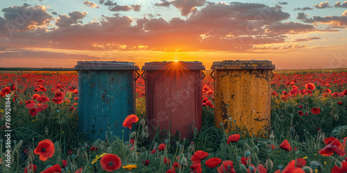 Illustration in the center of three garbage cans in a field of poppies and a beautiful sunset as a symbol of a clean and healthy planet