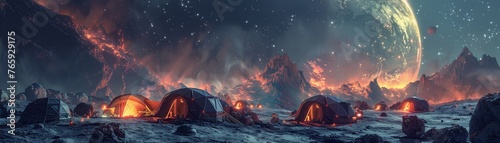 On a distant asteroid, a spacefaring nomadic tribe roams under the glow of a shimmering nebula Show their colorful tent village with intricate details of alien artifacts and technologies 