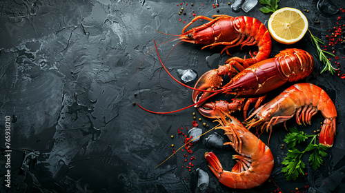A delectable assortment of crustaceans awaits for dinner, featuring succulent lobster, crab, and jumbo shrimp, all elegantly presented on a dark background.