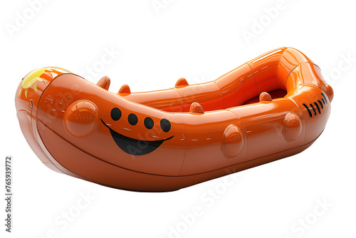A whimsical 3D cartoon render of a giant inflatable rescue boat with a smiling sun overhead.
