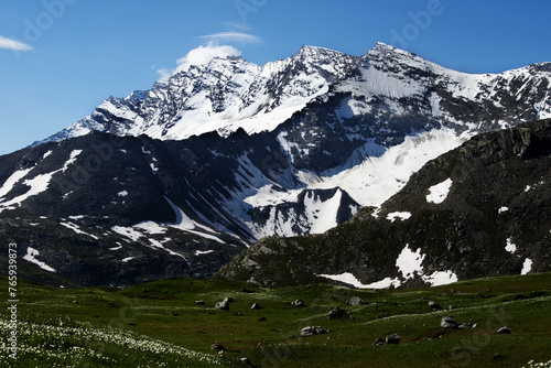 Alpine landscape with blue sky, impressive mountain with snow and green flowery meadow in Gran Paradiso National Park, Aosta Valley, Italy