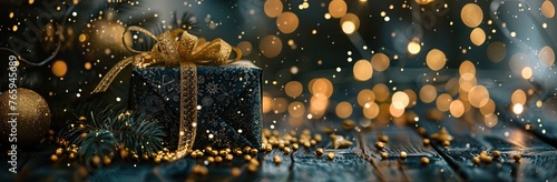 Black gift box with golden bow on bokeh background
