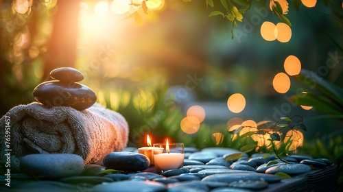 A spa concept capturing massage stones with towels and candles set against a natural background, symbolizing relaxation and tranquility