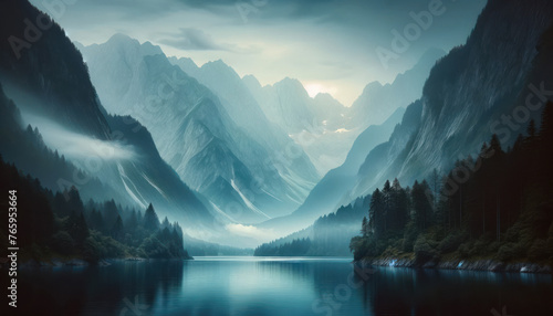 majestic mountain landscape, with mist gently rolling over the mountain peaks surrounding a calm and expansive lake.