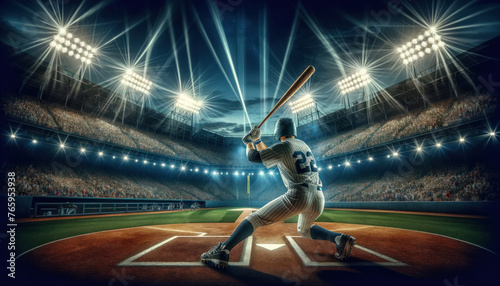 baseball player at the plate in a stadium under the night lights, poised to hit. The stadium is packed