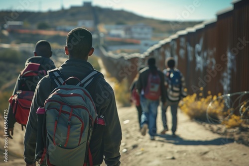 Young migrants men walking along the border