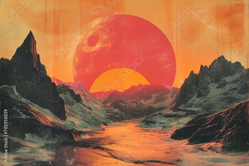 Sunrise on an unknown planet among rocks washed by coastal waters. A phantasmagorical concept, done in a retro style, with damaged colors and traces of old origin