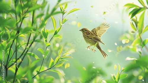 The picture shows a Corn Bunting bird in a green nature background during spring.