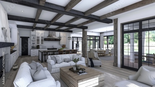 A modern farmhouse style living room with an open floor plan.