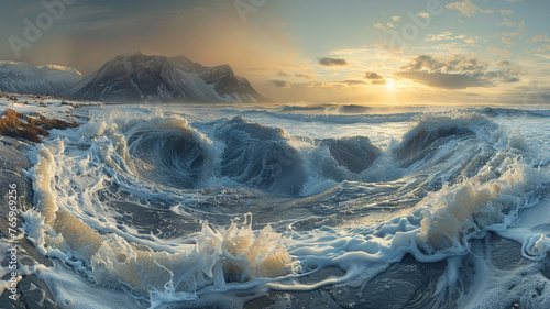 Waves of water of the river and the sea meet each other during high tide and low tide. 
