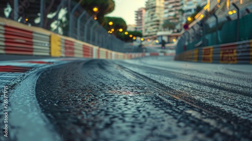The street track has curbs and asphalt for racing cars.