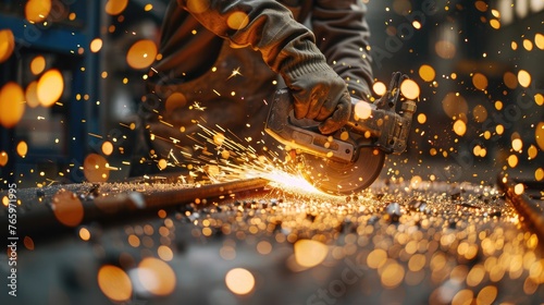 A craftsman in a workshop uses a grinder to cut metal, sending showers of sparks flying in the sunlight