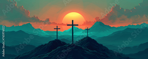 Majestic Easter Sunrise Over Rugged Mountains with Three Crosses Silhouette - Serene Spiritual Landscape Digital Illustration with Vibrant Orange and Teal Hues