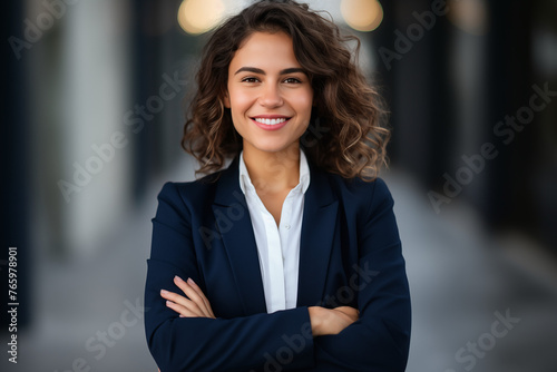 Portrait of a young business woman looking at camera over dark grey background 