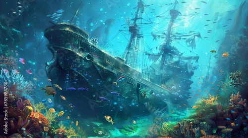 Mysterious underwater shipwreck teeming with marine life, sunken treasure, digital painting