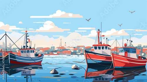 A bustling harbor with fishing trawlers
