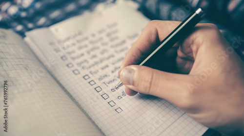 The concept of Checklist day. Time management, concept. Planning and scheduling. Effective workflow, paperwork, office day and deadline. Planning the day writing a to do list checklist