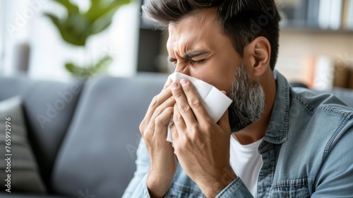 Close up of sick man using tissue to blow his nose for flu relief and discomfort