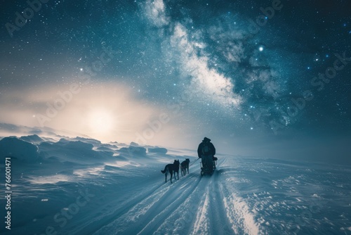 Frozen journey, person with sled of dogs traverses snowy antarctica, an epic adventure through icy landscapes with loyal canine companions, exploring the remote and pristine wildernes